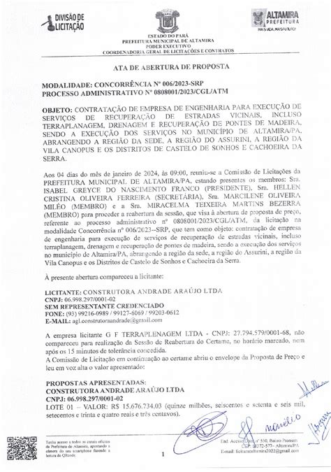 ATA DE ABERTURA DA PROPOSTA Prefeitura Municipal de Altamira Gestão