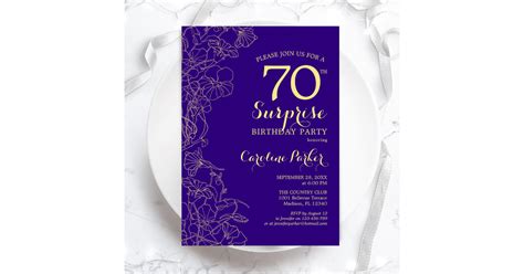 Floral Purple Gold Surprise 70th Birthday Party Invitation Zazzle