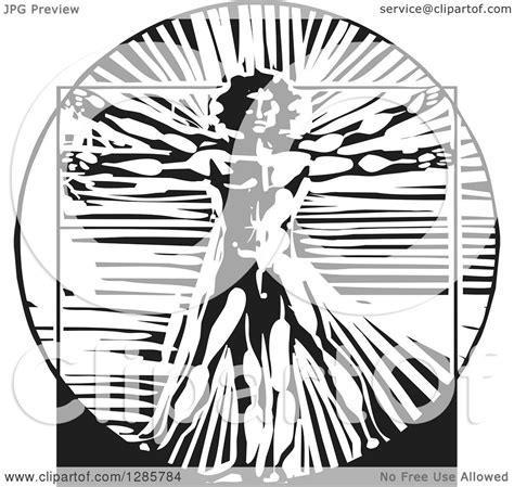 Clipart Of A Black And White Woodcut Da Vinci Vitruvian Man Royalty