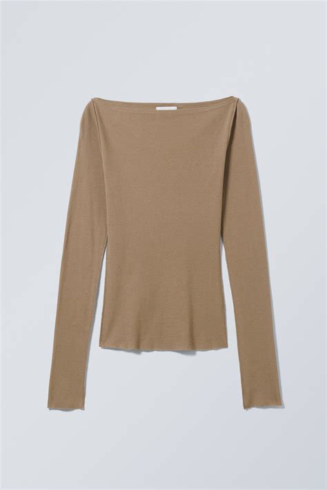 Sheer Long Sleeve Top Dark Beige Ladies Handm Gb