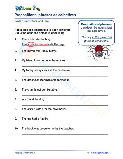 Prepositional Phrases As Adjectives Worksheets K5 Learning