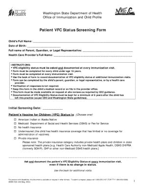 Fillable Online Doh Wa Patient Vfc Status Screening Form Washington