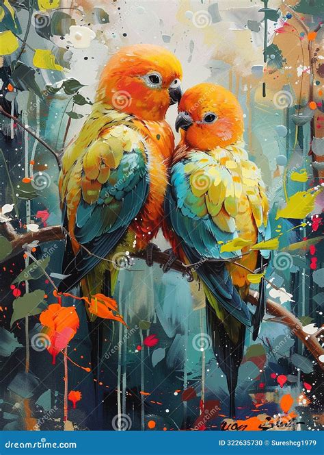 Painting Of Love Birds Stock Illustration Illustration Of Scene