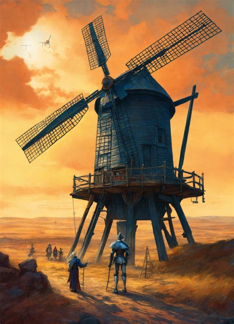 Lexica A Don Quijote Is Standing Next To An Old Robot Windmill In