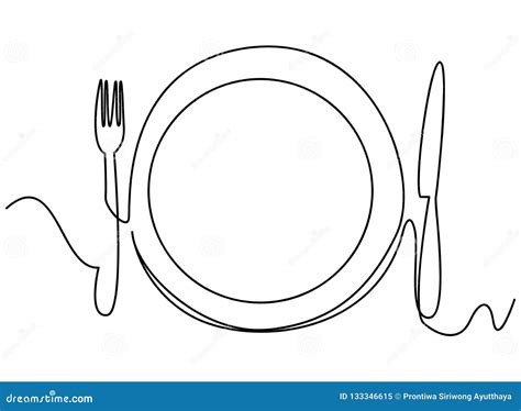 Continuous Line Art Or One Line Drawing Of Plate Khife And Fork