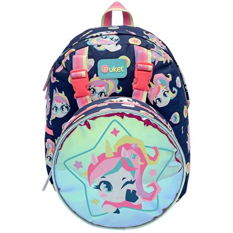 Mochila Escolar Costas Lancheira Unicórnio Kawaii Puket Azul