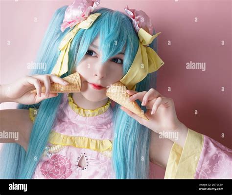 Japan Anime Cosplay Portrait Of Girl Cosplay With Waffle Cones In