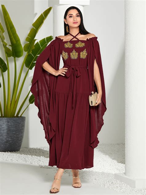 Shein Modely Floral Embroidery Cloak Sleeve Belted Dress Shein Usa