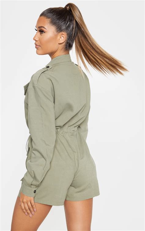 Khaki Pocket Detail Utility Style Playsuit Prettylittlething