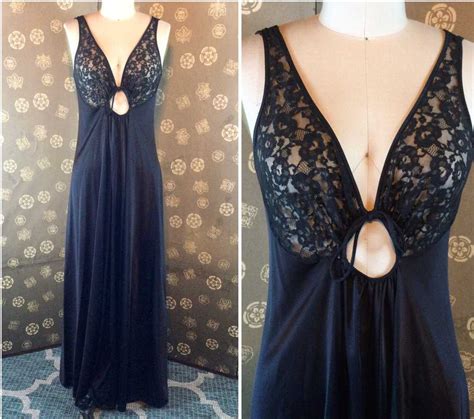 1970s Black Olga Lace And Tricot Nightgown Gem