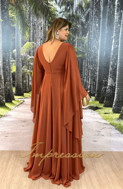 Vestido De Festa Longo Plus Size Terracota Impression Modas