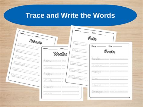 50 Word Tracing Worksheets, Word Tracing Printables, Trace and Write