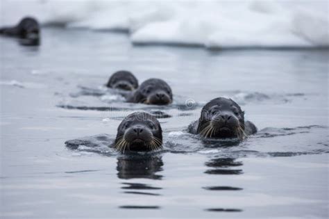 Group Of Seal Pups Playing And Swimming In The Frigid Water Stock Photo