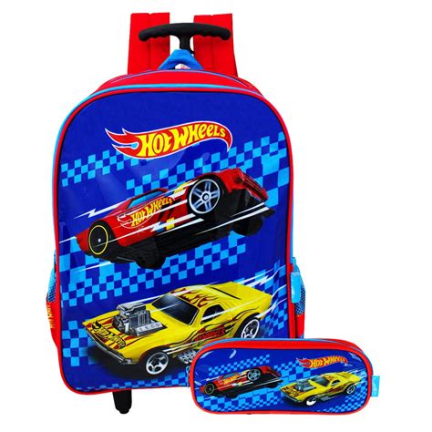 Kit Mochila De Rodinhas Hotwheels Estojo Luxcel Escolar Vermelha