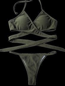 2019 Textured High Cut Wrap String Bikini Set In ARMY GREEN S ZAFUL