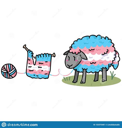 Cute Transgender Fluffy Sheep Cartoon Illustration Motif Set Hand Drawn Isolated Knitting Yarn