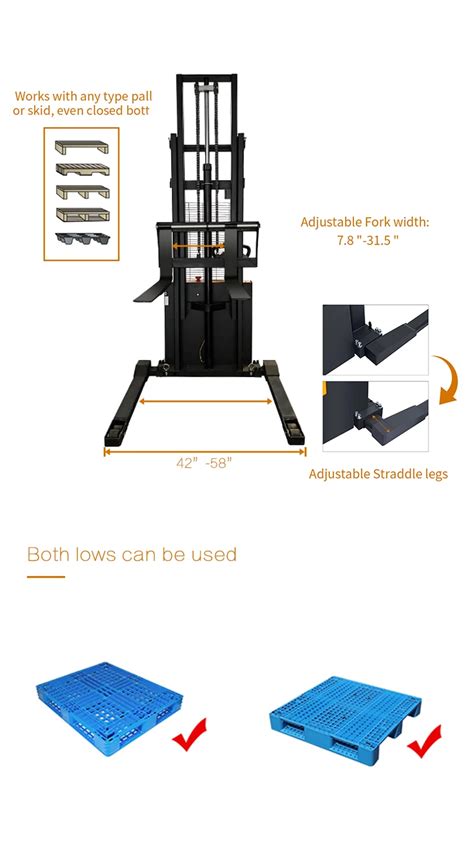 118 High Fully Powered Straddle Stacker With 2 Ton Pallet Stacker