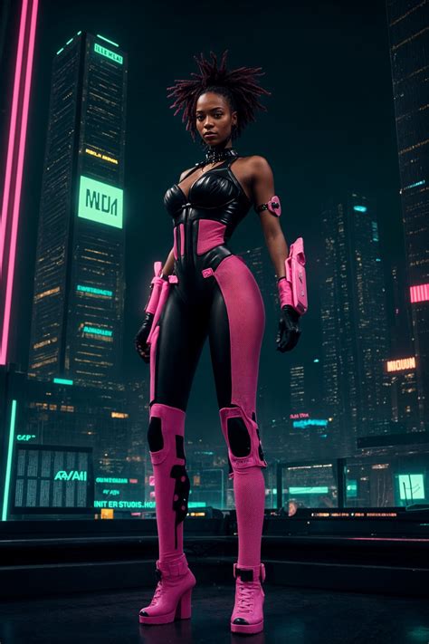 Cyberpunk woman with futuristic cyberpunk neon clothes standing in ...