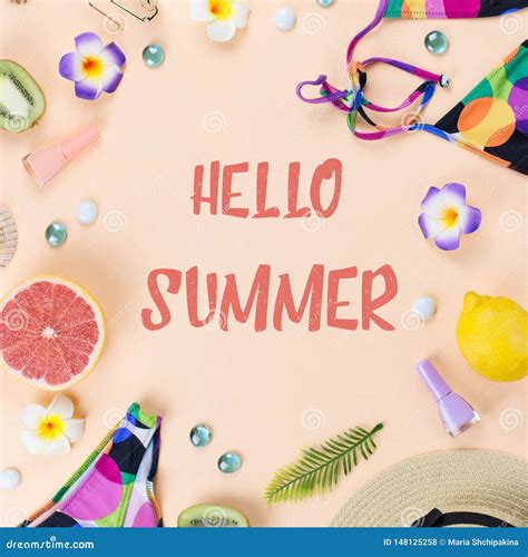 Bikini Swimsuit With Straw Hat Flowers And Fruits Flat Design Summer Concept Beach