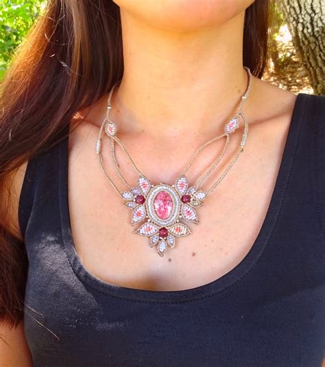 Collier plastron macramé Fleur pierre de thulite rose et Etsy France