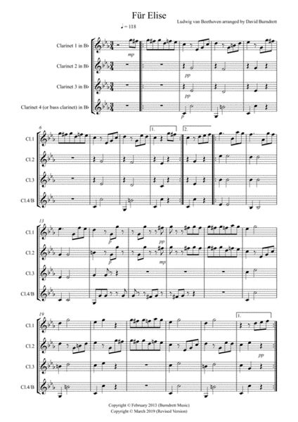 Für Elise For Clarinet Quartet By Ludwig Van Beethoven Clarinet Quartet Digital Sheet Music