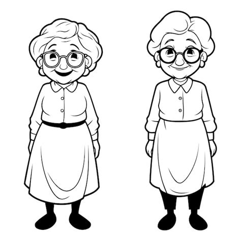 Grandmother And Grandmother Cartoon In Black And White Vector