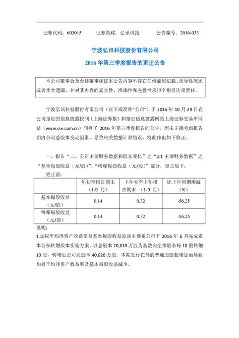 弘讯科技：2016年第三季度报告的更正公告