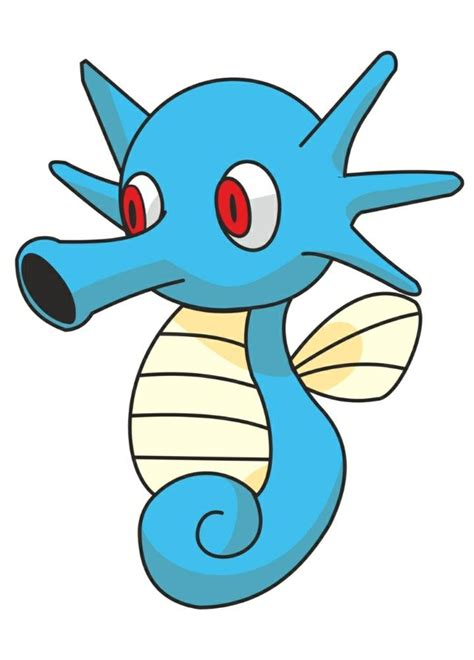 A Cartoon Blue Seahorse With Red Eyes And Long Tail Standing In Front