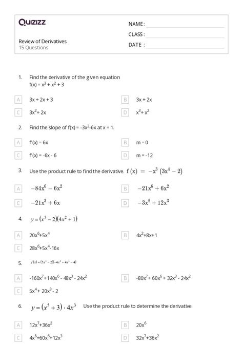 50 Derivatives Worksheets On Quizizz Free And Printable