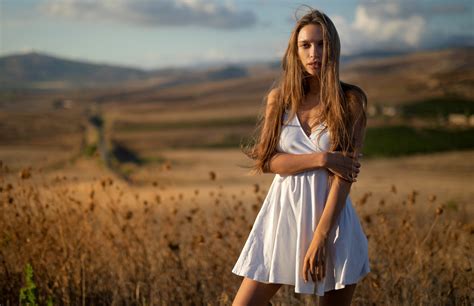 Download Depth Of Field Redhead Long Hair White Dress Woman Model Hd