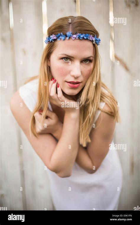 Pretty Blonde Woman Posing While Wearing Headband Stock Photo Alamy