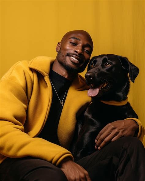 Premium Photo | A black man with your dog petting your dog on tan background