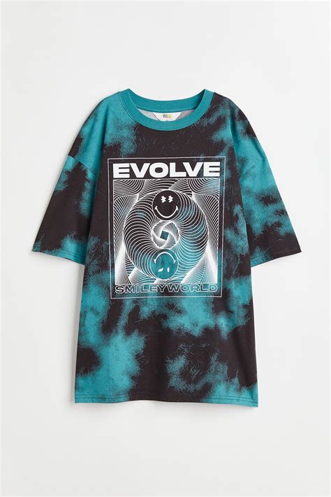 Oversized Printed T Shirt Round Neck Short Sleeve Dark Turquoise