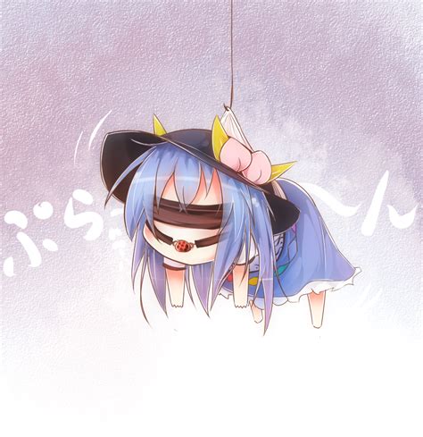 Safebooru 1girl Ball Gag Barefoot Bikuseno Blindfold Blue Hair Chibi Food Fruit Gag Hanging