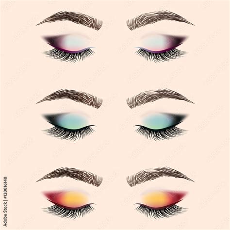 Set of eye makeup. Closed eye with long eyelashes and eyebrows. Vector ...