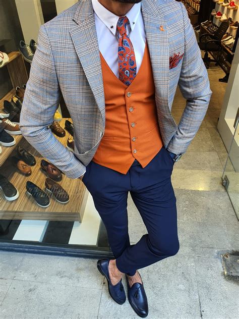 Aysoti Reno Orange Slim Fit Plaid Suit Cool Suits Plaid Suit Orange