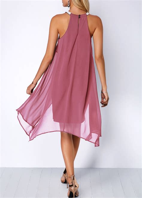 Chiffon Overlay Embellished Neck Asymmetric Hem Dress