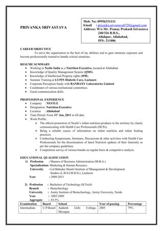 Priyanka Srivastava Resume Pdf