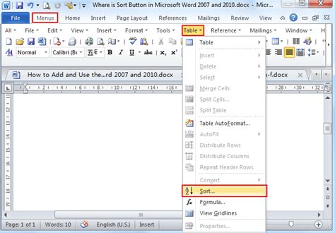 Where Is The Sort Button In Microsoft Word 2007 2010 2013 2016 2019