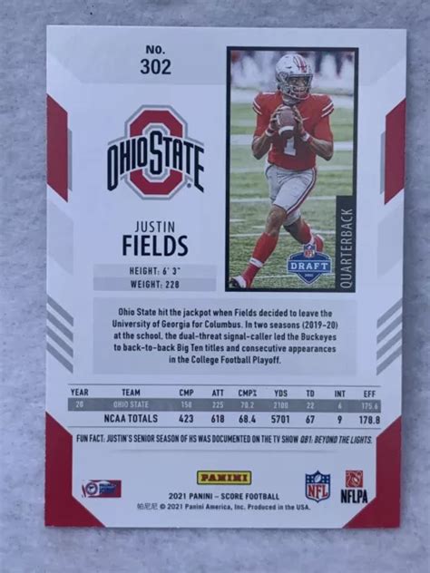 Carte Justin Fields Rookie 2021 Score Voitures Recrue 302 Rc Chicago