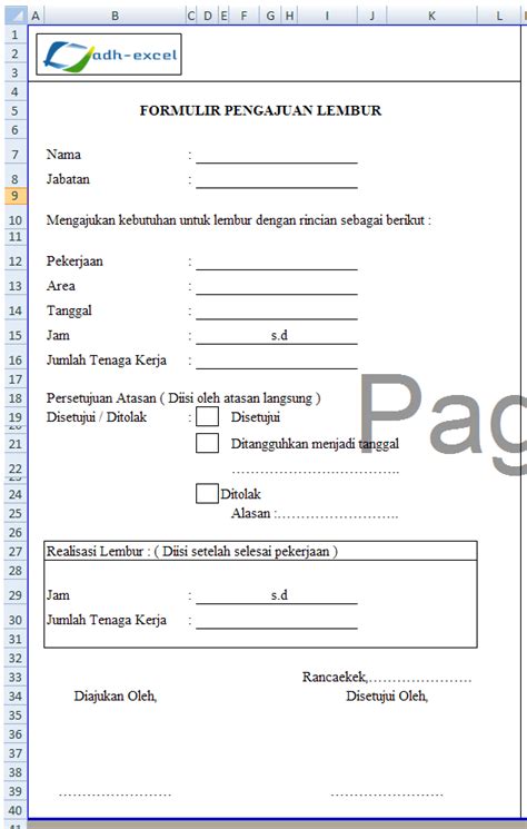 Contoh Form Pengajuan Lembur Dengan Menggunakan Microsoft Excel