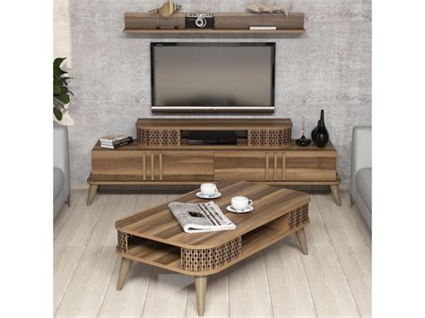 Ensemble Meuble Tv Et Table Basse Et Tag Re Chanez Bois Naturel