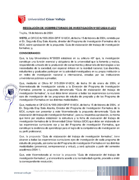 Rvi N°037 2024 Vi Ucv Guía De Elaboración Del Trabajo De Investigación Formativa Resolución