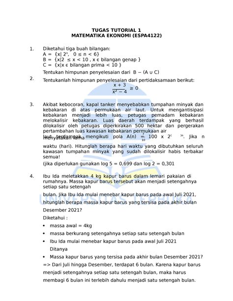 Tugas 1 Matematika Good TUGAS TUTORIAL 1 MATEMATIKA EKONOMI