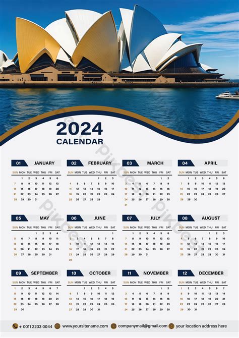 2024 One Page Wall Calendar Design Template A3 Vector Ai Free