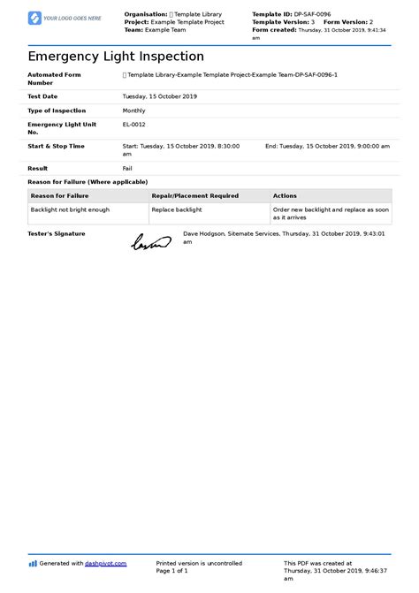 Emergency Light Inspection Form Free Editable Template