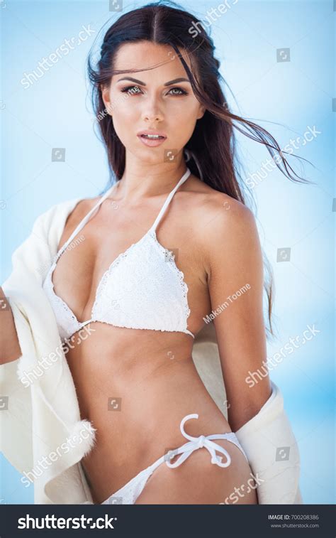 Sexy Brunette Girl White Swimsuit Posing Stock Photo Shutterstock