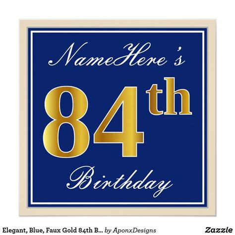 Elegant Blue Faux Gold 84th Birthday Name Invitation Zazzle