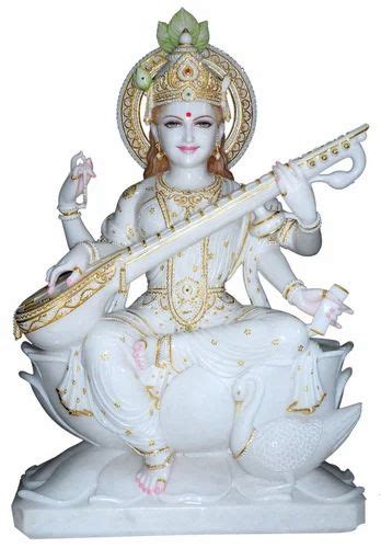 White And Golden Hindu Painted Marble Saraswati Statue For Worship