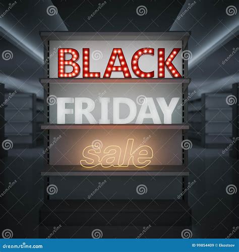 Shelves In A Store With Glowing Black Friday Sale Sign 3d Rendering